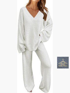 Fuzzy Fleece 2 Piece Pajama Set Soft Lounge Wear V-Neck Knit